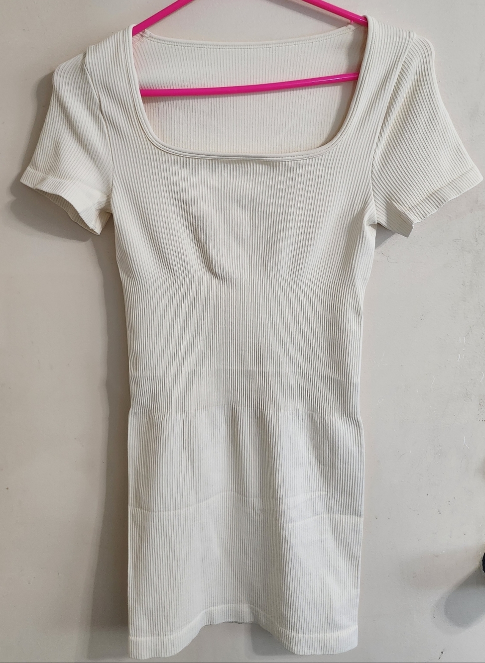 OQQ Ribbed Square Neck Short Sleeve Mini Dress - Cream Size: Small